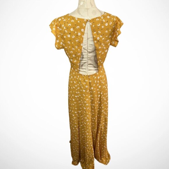 Lulus Women Size M Mustard Yellow Floral Print Backless Maxi Dress Slit - Picture 6 of 6